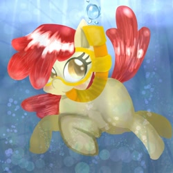 Size: 1024x1024 | Tagged: safe, artist:doubt, derpibooru import, apple bloom, earth pony, pony, adorabloom, blushing, cute, female, filly, foal, goggles, smiling, snorkel, snorkeling, solo, swimming goggles, underwater