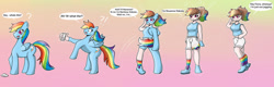 Size: 1280x409 | Tagged: safe, artist:quickcast, derpibooru import, rainbow dash, human, pegasus, clothes, commission, human coloration, humanized, implied fluttershy, mental shift, phone, pony to human, rainbow socks, socks, species swap, striped socks, transformation, transformation sequence