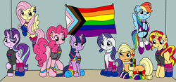 Size: 5350x2500 | Tagged: safe, artist:appleneedle, artist:icicle-wicicle-1517, color edit, derpibooru import, edit, applejack, fluttershy, pinkie pie, rainbow dash, rarity, starlight glimmer, sunset shimmer, twilight sparkle, twilight sparkle (alicorn), alicorn, earth pony, pegasus, pony, unicorn, collaboration, asexual, asexual pride flag, bisexual pride flag, bracelet, choker, clothes, colored, ear piercing, earring, female, flag, flying, freckles, gay pride flag, grin, homoflexible, homoflexible pride flag, jewelry, lgbt, mane six, mare, missing cutie mark, mouth hold, mouthpiece, nail, necklace, pansexual, pansexual pride flag, piercing, pride, pride flag, pride month, rainbow socks, raised hoof, raised leg, sitting, smiling, socks, spiked choker, striped socks, sweater