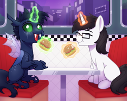 Size: 2560x2048 | Tagged: safe, artist:whitequartztheartist, derpibooru import, changeling, unicorn, burger, city, diner, eating, food, hay burger, levitation, magic, night, telekinesis