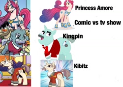 Size: 1512x1073 | Tagged: artist needed, safe, derpibooru import, edit, idw, kibitz, princess amore, pony, unicorn, clothes, comic, comparison, female, hasbro studios, kingpin, male, mare, stallion