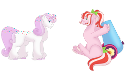 Size: 1280x732 | Tagged: safe, artist:itstechtock, derpibooru import, oc, oc only, oc:confetti surprise, earth pony, pony, unicorn, female, mare, offspring, parent:cheese sandwich, parent:pinkie pie, parents:cheesepie, party cannon, simple background, transparent background