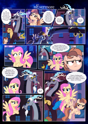 Size: 3259x4607 | Tagged: safe, artist:estories, derpibooru import, discord, fluttershy, oc, oc:alice goldenfeather, draconequus, pegasus, pony, comic:nevermore, alice is not amused, angry, comic, crossed hooves, ears, eyes closed, female, floppy ears, flying, frown, high res, looking at each other, looking at someone, male, mare, one eye closed, open mouth, open smile, pegasus oc, smiling, speech bubble, spread wings, trio, unamused, wings