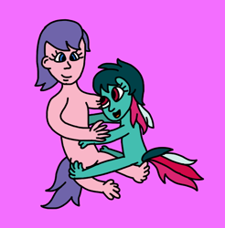 Size: 570x579 | Tagged: safe, artist:goldilocksofflowers, derpibooru import, fizzy, north star (g1), human, g1, crappy art, female, fizzystar, hug, humanized, incorrect leg anatomy, lesbian, multicolored hair, multicolored mane, multicolored tail, northabetes, pink background, purple hair, purple mane, purple tail, red eyes, shipping, simple background, tail, tailed humanization, wat