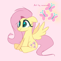 Size: 1280x1280 | Tagged: safe, artist:memengla, derpibooru import, fluttershy, butterfly, pegasus, pony, cute, cutie mark, featured image, female, mare, pink background, pink mane, pink tail, simple background, sitting, smiling, solo, spread wings, wings, yellow coat