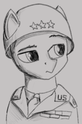 Size: 380x574 | Tagged: safe, artist:anonymous, earth pony, pony, clothes, george s. patton, helmet, male, monochrome, ponified, raised eyebrow, solo, stallion, uniform