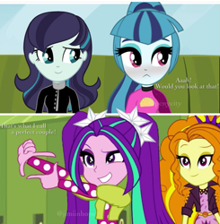 Size: 1053x1076 | Tagged: safe, artist:pcnycity, derpibooru import, adagio dazzle, aria blaze, coloratura, sonata dusk, equestria girls, @jiminhope, blushing, female, lesbian, shipper on deck, shipping, the dazzlings