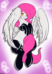 Size: 1050x1500 | Tagged: safe, artist:edgarkingmaker, derpibooru import, oc, oc only, oc:storm cloud, pegasus, pony, blushing, clothes, coy, latex, latex socks, my little pony, pink, pinup, shy, socks, solo, white