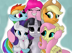 Size: 1096x812 | Tagged: safe, artist:mojo1985, derpibooru import, applejack, fluttershy, pinkie pie, rainbow dash, rarity, twilight sparkle, twilight sparkle (alicorn), alicorn, earth pony, pegasus, pony, unicorn, cute, discorded, discorded twilight, female, hug, mane six, sad, twilight tragedy