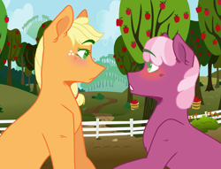 Size: 1600x1223 | Tagged: safe, artist:junetheicecat, derpibooru import, applejack, cheerilee, apple, apple tree, blushing, cheerijack, female, fence, lesbian, shipping, tree