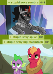 Size: 320x450 | Tagged: safe, derpibooru import, edit, edited screencap, screencap, big macintosh, king sombra, spike, dragon, earth pony, pony, unicorn, season 9, the beginning of the end, the big mac question, spoiler:s09, big macintosh is not amused, big macintosh's yoke, caption, collar, crystal empire, derpibooru, duo, horse collar, image macro, looking at you, male, meta, solo, spike is not amused, stallion, stupid sexy big macintosh, stupid sexy sombra, stupid sexy spike, sweet apple acres, tags, text, unamused, winged spike, wings