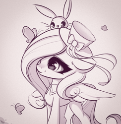 Size: 2928x3000 | Tagged: safe, artist:stahlkat, derpibooru import, angel bunny, fluttershy, pegasus, pony, rabbit, animal, monochrome