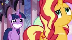 Size: 1280x720 | Tagged: safe, derpibooru import, screencap, princess celestia, sunset shimmer, twilight sparkle, twilight sparkle (alicorn), alicorn, pony, unicorn, better together, equestria girls, forgotten friendship, grin, smiling