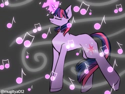 Size: 1024x768 | Tagged: safe, artist:mugitya012, derpibooru import, twilight sparkle, unicorn twilight, pony, unicorn, eyes closed, female, glowing, glowing horn, gray background, horn, magic, magic aura, mare, music notes, profile, simple background, solo