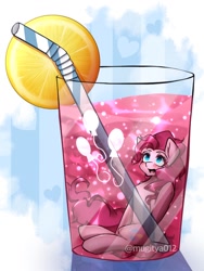 Size: 768x1024 | Tagged: safe, artist:mugitya012, derpibooru import, pinkie pie, earth pony, pony, cup, cup of pony, drink, female, food, foodplay, glass, heart, heart background, lemon, looking up, mare, micro, simple background, solo, straw, white background