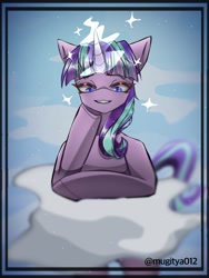 Size: 768x1024 | Tagged: safe, artist:mugitya012, derpibooru import, starlight glimmer, pony, unicorn, the cutie re-mark, cloud, female, glowing, glowing horn, horn, magic, magic aura, mare, sky, solo