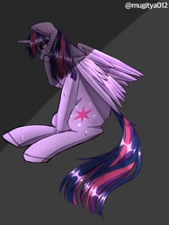 Size: 768x1024 | Tagged: safe, artist:mugitya012, derpibooru import, twilight sparkle, twilight sparkle (alicorn), alicorn, pony, female, gray background, horn, mare, simple background, sitting, solo, sweat, wings