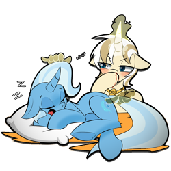 Size: 1024x1024 | Tagged: safe, artist:l8lhh8086, derpibooru import, trixie, oc, pony, unicorn, blood, female, glowing, glowing horn, horn, nosebleed, onomatopoeia, pillow, poking, simple background, sleeping, snoring, snot bubble, sound effects, transparent background, zzz