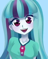 Size: 884x1080 | Tagged: safe, artist:rileyav, derpibooru import, sonata dusk, equestria girls, blouse, blue background, cute, eye clipping through hair, female, looking at you, open mouth, open smile, simple background, smiling, smiling at you, solo, sonatabetes