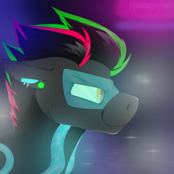 Size: 2300x2300 | Tagged: safe, artist:molars, derpibooru import, oc, oc:krypt, pegasus, pony, augmented, crowd, cyber, cyberpunk, ear piercing, piercing, racehorse, racing, solo, visor