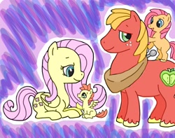 Size: 1606x1263 | Tagged: safe, artist:emmeredith14, derpibooru import, big macintosh, fluttershy, oc, oc:cherry blossom, oc:cinnamon crisp, earth pony, pegasus, pony, abstract background, colt, family, father and child, father and daughter, female, filly, fluttermac, foal, male, mare, mother and child, mother and son, offspring, parent and child, parent:big macintosh, parent:fluttershy, parents:fluttermac, ponies riding ponies, riding, shipping, stallion, straight