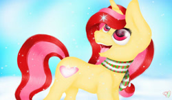 Size: 1280x750 | Tagged: safe, artist:prettyshinegp, derpibooru import, oc, oc only, pony, unicorn, clothes, female, horn, looking back, mare, open mouth, scarf, signature, smiling, snow, solo, unicorn oc