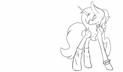 Size: 1280x750 | Tagged: safe, artist:prettyshinegp, derpibooru import, oc, oc only, pony, unicorn, bracelet, clothes, female, horn, jewelry, lineart, mare, raised hoof, raised leg, signature, simple background, smiling, socks, solo, unicorn oc, white background