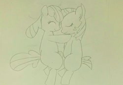 Size: 640x442 | Tagged: safe, artist:up_p_ab, derpibooru import, apple bloom, babs seed, earth pony, pony, cousins, eyes closed, female, filly, foal, hug, sketch, traditional art