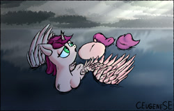 Size: 4320x2754 | Tagged: safe, artist:ceugenese, derpibooru import, alicorn, cloud, female, green eyes, horn, light, mare, pink hair, solo, water, wings