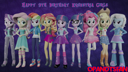 Size: 3840x2160 | Tagged: safe, artist:optimussparkle, derpibooru import, applejack, fluttershy, pinkie pie, rainbow dash, rarity, sci-twi, starlight glimmer, sunset shimmer, trixie, twilight sparkle, better together, equestria girls, 3d, equestria girls birthday, geode of empathy, geode of fauna, geode of shielding, geode of sugar bombs, geode of super speed, geode of super strength, geode of telekinesis, humane five, humane seven, humane six, magical geodes, source filmmaker, twolight