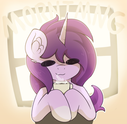 Size: 2451x2388 | Tagged: safe, artist:czu, derpibooru import, oc, oc:czupone, pony, unicorn, backlighting, bust, coffee, ear fluff, ears, eyes closed, misspelling, window