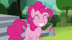 Size: 1280x720 | Tagged: safe, derpibooru import, screencap, pinkie pie, earth pony, pony, horse play, season 8, spoiler:s08, ^^, cute, diapinkes, eyes closed, grin, happy, pinkie smile, shit eating grin, smiling, solo, teeth