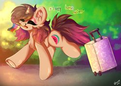 Size: 3508x2480 | Tagged: safe, artist:woonborg, derpibooru import, oc, oc:woonie, unicorn, chest fluff, ear fluff, ears, flag, german flag, happy, luggage, solo, sunlight