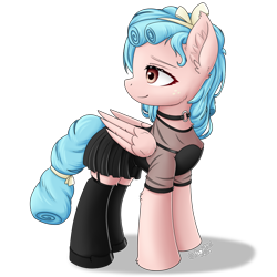 Size: 2000x2000 | Tagged: safe, artist:hugo231929, derpibooru exclusive, derpibooru import, cozy glow, pegasus, pony, clothes, collar, ear fluff, ears, female, goth, looking back, mare, older, older cozy glow, reformed, simple background, skirt, smiling, solo, transparent background