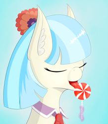 Size: 1650x1890 | Tagged: safe, artist:drakang, derpibooru import, coco pommel, earth pony, pony, bow, bust, eating, eyes closed, female, hair, hair bow, mare, portrait, solo