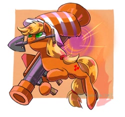 Size: 1200x1125 | Tagged: safe, artist:yukkuri_yu_yu, derpibooru import, applejack, earth pony, pony, dr's dapper topper, female, hat, mare, market gardener, mouth hold, rocket jump, rocket jumper, rocket launcher, shovel, simple background, soldier, solo, soundsmith, team fortress 2, white background