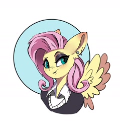 Size: 1925x2013 | Tagged: safe, artist:i love hurt, artist:iwilllovehurt, derpibooru import, fluttershy, pegasus, pony, g4, bust, clothes, female, fluttergoth, goth, mare, nimbus, pink hair, portrait, simple background, solo, white background, wings