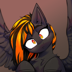 Size: 1000x1000 | Tagged: safe, artist:thieftea, derpibooru import, oc, oc only, oc:mayday, pegasus, pony, bust, chest fluff, head tilt, looking at you, portrait, simple background, solo, spread wings, wings