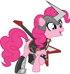 Size: 3137x3329 | Tagged: safe, artist:cocaine, derpibooru import, edit, pinkie pie, earth pony, boots, ear piercing, earring, electric guitar, guitar, heavy metal, helmet, jewelry, metalhead, musical instrument, piercing, redesign, shoes, simple background, solo, spiked wristband, spikes, transparent background, vector, vector edit, wristband