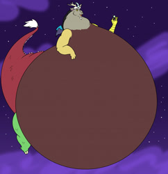 Size: 1239x1280 | Tagged: safe, artist:saintdraconis, derpibooru import, discord, draconequus, belly, bhm, big belly, fat, huge belly, impossibly large belly, macro, male, morbidly obese, obese, pear shaped, planet, pony bigger than a planet, solo, solo male, space