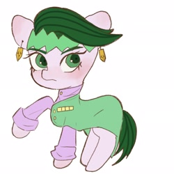 Size: 2048x2048 | Tagged: safe, artist:h2o_omz, artist:jellyfish_k_r_g, derpibooru import, earth pony, pony, anime, clothes, jojo's bizarre adventure, male, ponified, raised hoof, raised leg, rohan kishibe, simple background, solo, stallion, white background