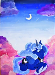 Size: 1819x2509 | Tagged: safe, artist:h2o_omz, artist:jellyfish_k_r_g, derpibooru import, princess luna, alicorn, pony, cloud, crescent moon, eyes closed, female, folded wings, horn, lying down, mare, moon, prone, sky, solo, wings