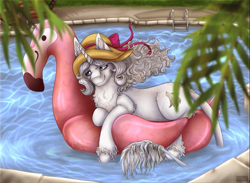 Size: 961x702 | Tagged: safe, artist:szkar, derpibooru import, oc, oc only, oc:sumona, bird, classical unicorn, flamingo, unicorn, chest fluff, cloven hooves, hat, inflatable toy, leonine tail, lying down, swimming pool, unshorn fetlocks