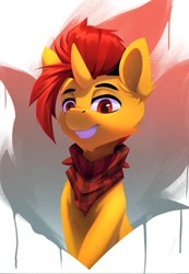 Size: 747x1080 | Tagged: safe, artist:n_thing, derpibooru import, oc, oc only, oc:selest light, pony, unicorn, bandana, brown eyes, bust, cheek fluff, ear fluff, ears, horn, male, neckerchief, smiling, solo, stallion, unicorn oc