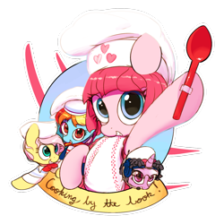 Size: 1920x1920 | Tagged: safe, artist:vultraz, derpibooru import, fluttershy, pinkie pie, rainbow dash, twilight sparkle, earth pony, pegasus, pony, unicorn, alternate hairstyle, baking, bowtie, chef's hat, clothes, cooking by the book, costume, dress, female, hat, lazytown, looking at you, mare, pixel (lazytown), simple background, smiling, spoon, stephanie meanswell, stingy (lazytown), text, transparent background, ziggy (lazytown)