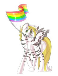 Size: 3000x3900 | Tagged: safe, artist:xwosya, derpibooru import, oc, oc:sparrow goon, pegasus, zebra, flag, gay pride flag, long tail, male, pride, pride flag, pride month, raised hoof, raised leg, simple background, smiling, spread wings, stripes, tail, white background, wings, zebra oc, zebrasus