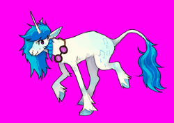 Size: 1280x905 | Tagged: safe, artist:flockdog, derpibooru import, dj pon-3, vinyl scratch, classical unicorn, pony, unicorn, alternate cutie mark, cloven hooves, coontails, female, glasses, leonine tail, magenta background, mare, nose piercing, nose ring, piercing, simple background, solo, sunglasses, unshorn fetlocks