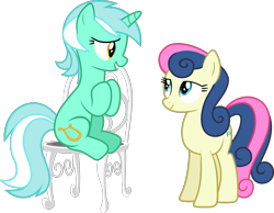 Size: 1571x1216 | Tagged: safe, artist:starryshineviolet, derpibooru import, bon bon, lyra heartstrings, sweetie drops, earth pony, unicorn, g4, season 5, slice of life (episode), chair, duo, duo female, female, lesbian, lyrabon, mare, shipping, simple background, sitting, smiling, transparent background, vector