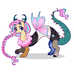 Size: 2000x2000 | Tagged: safe, artist:plushfurby, derpibooru import, fluttershy, draconequus, antlers, braid, butterfly wings, draconequified, flutterequus, immortality blues no more, simple background, solo, species swap, white background, wings