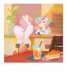 Size: 1796x2048 | Tagged: safe, artist:dearmary, derpibooru import, oc, oc only, pegasus, pony, unicorn, back, beautiful, cake, chair, clothes, coffee, female, flower pot, food, juice, mare, scarf, sitting, smiling, table, wings